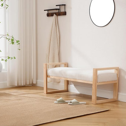 Kmax Entryway Bench, Wooden Bench for Bedroom End of Bed with Hollow Arms Farmhouse Upholstered Bench Rustic Window Bench for Entry Way Bedroom Living Room - Linen, Beige