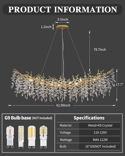 Modern Crystal Chandelier for Dining Room, 16-Light 63" Gold Tree Branch Chandeliers, Luxury K9 Crystal Rectangular Chandeliers for Kitchen Island Living Room