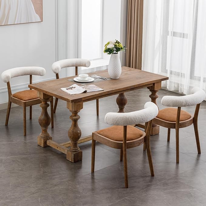 Wood Dining Chairs Set of 2, Mid Century Modern Living Room Chairs with Unique Curved Sherpa Open Back Comfy PU Upholstered Side Chair for Kitchen/Restaurant/Reception, Brown
