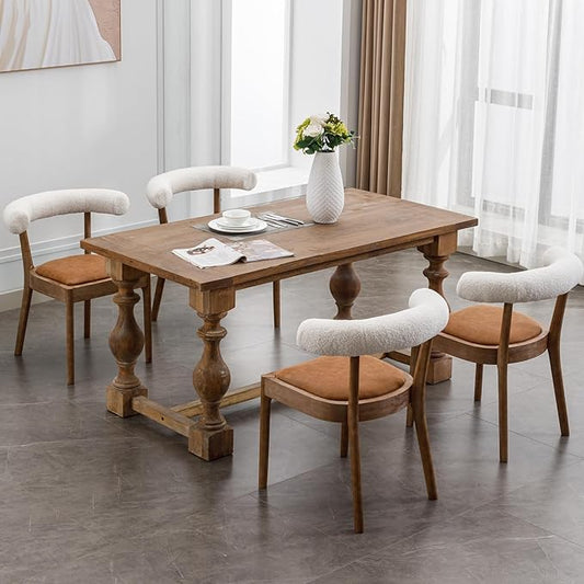 Wood Dining Chairs Set of 6, Mid Century Modern Living Room Chairs with Unique Curved Sherpa Open Back Comfy PU Upholstered Side Chair for Kitchen/Restaurant/Reception, Brown