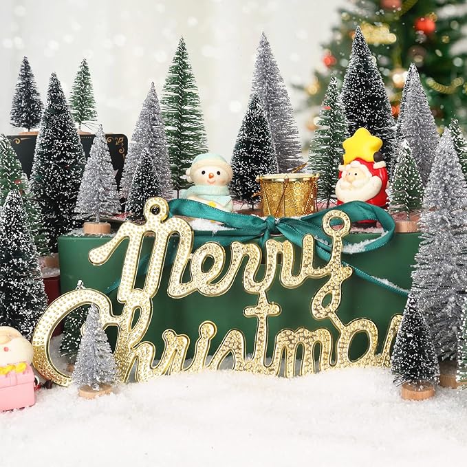 30Pcs Mini Christmas Trees - Artificial Christmas Tree Bottle Brush Trees with 5 Sizes, Snow Trees with Wooden Base for Christmas Party Home Table Craft Decor (Silver+Green+DarkGreen)