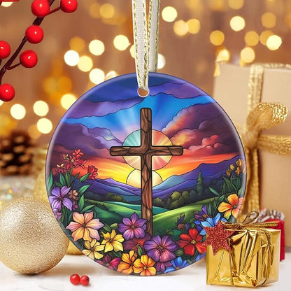 Cross 3.5 Inch Ceramic Christmas Hanging Ornament - Cross Spring Flower