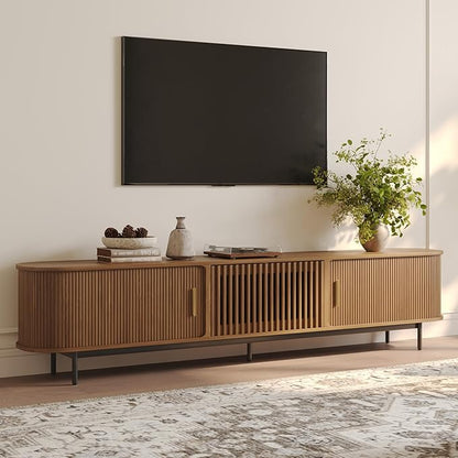 POVISON Fully-Assembled Mid Century Modern TV Stand for 75+ inch TV, Sliding Door Entertainment Center with Storage, Wood TV Console, Media Console for Living Room Bedroom(Walnut, 94.49")