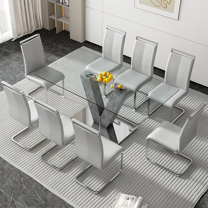 71" Glass Dining Table Set for 8, Kitchen Table and 8 PU Leather Chairs, Tempered Glass Top and MDF Base, 9-Piece Table Set Ideal for Living Room