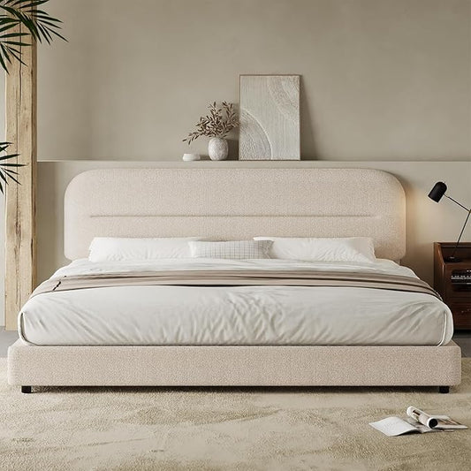 King Size Boucle Bed Frame, Upholstered Cloud Bed Frame with Headboard, Soft Platform with Thickened Footboard, Rounded Corners, No Box Spring Required, Easy Assembly, Beige