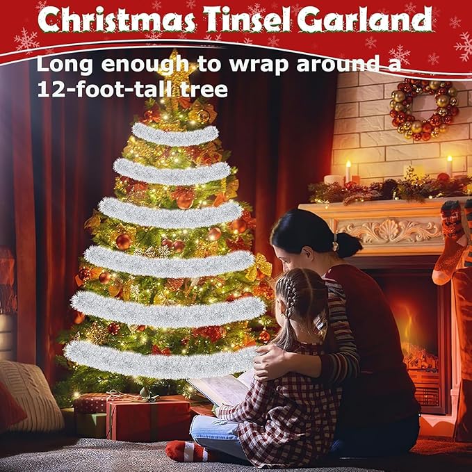 Lush Christmas Tinsel Garland, Silver & White Radiant Metallic Twist Streamers for Holiday Decor, Plush & Full Xmas Tree Garland for an Elegant Festive Atmosphere, Indoor & Outdoor Party Supplies
