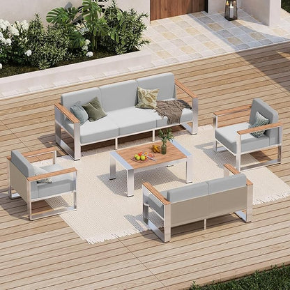 Patio Furniture Set, 5 Piece Aluminum Outdoor Furniture Set with Table, Outdoor Seating and Thick Cushions, Modern Outdoor Patio Conversation Sets for Deck, Porch (Teak-Gray)