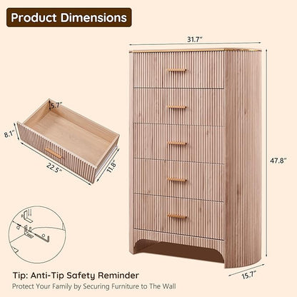 Fluted 5 Drawer Tall Dresser with Curved Profile,47.8" Tall Drawers with Reeded Texture,Gold Handles Storage Organizer Cabinet for Bedroom,Living Room,Entryway,Light Oak