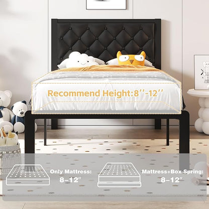 Twin Bed Frame with Headboard PU Leather Upholstered Bed Frame Platform,All Metal Slats Support Platform Bed Frame with Storage Space,Easy Assembly,Noise Free,No Box Spring Needed,Black