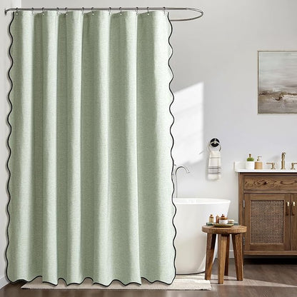 MIULEE Sage Green Scalloped Shower Curtain Linen Textured with 12 Metal Hooks Cute Heavy Duty Washable Waterproof Thick Cloth Spring Curtains with Black Border for Bathroom Hotel Bathtub,W72*L72