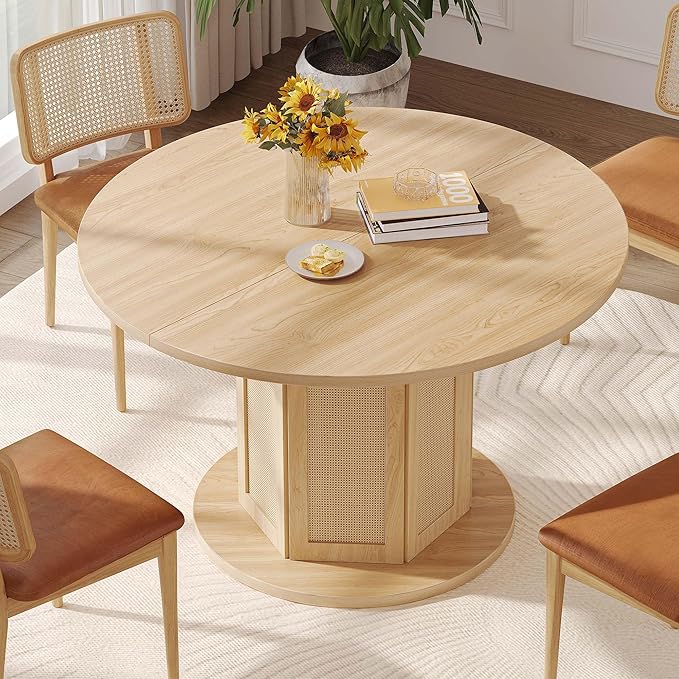 DWVO Round Dining Table for 4-6 People, 47 Inch Farmhouse Kitchen Table with Rattan Circular Base, Natural Oak