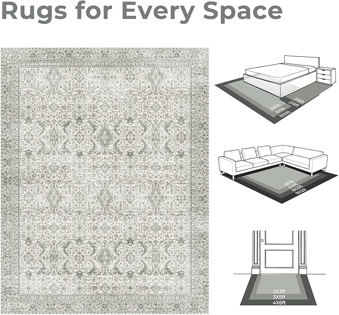 Lofus 9x12 Area Rug for Living Room, White Washable Area Rugs with Non-Slip Backing,Soft Boho Carpets for Bedroom Dining Room Home Office Indoor Nursery