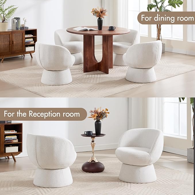 360° Swivel Accent Chair with Curved Back, Modern White Chenille Upholstered Round Barrel Chairs, Vanity Chair, Bucket Armchair for Small Space,Living Room, Bedroom