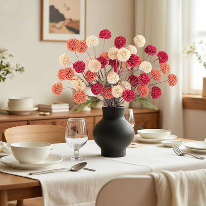 Fall Faux Kiku Flowers 10 Stems & 2 Eucalyptus,Fake Mums Flower Plants Artificial Chrysanthemums Mini Ball Floral for Table Centerpieces,Silk Fall Faux Mums Flower for Vase Wedding Arrangements Decor