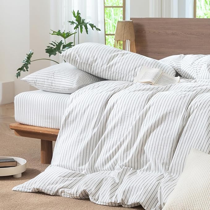 MooMee Striped Duvet Cover Set 100% Washed Cotton Linen Like Textured Breathable Durable Soft Comfy (White Heathered Green Wide Stripes, Oversized Queen 98"x98")