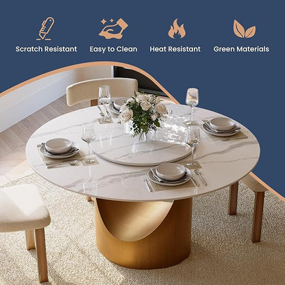 POVISON Round Dining Table for 4-6 with 23" Lazy Susan 51" Glossy White Sintered Stone Tabletop with Bronze Carbon Steel Pedestal