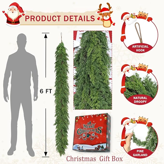 6 Ft Real Touch Christmas Garlands,Thick and Lush，Soft Bendable, Pine Cedar Garland Artificial Realistic, guirnaldas navideñas，Christmas Garland for Mantle,Outdoor Indoor Christmas Decorations