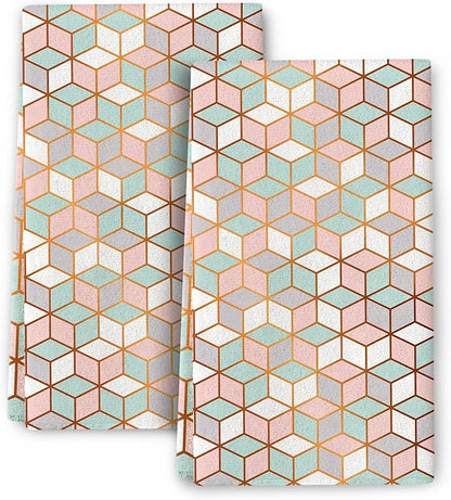 Pink Green Geometric Kitchen Towels Set of 2 Abstract Modern Absorbent Hand Tea Towels Farmhouse Holiday Home