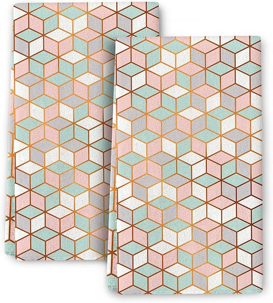 Pink Green Geometric Kitchen Towels Set of 2 Abstract Modern Absorbent Hand Tea Towels Farmhouse Holiday Home
