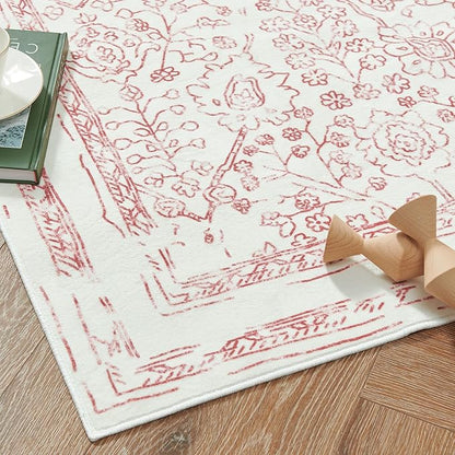 jinchan Vintage Floral Washable Area Rug 5x7 Distressed Faux Wool, Red