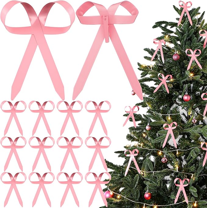 12 Pcs 2025 Metal Christmas Bow Ornaments for Christmas Tree Garland Wreath Bulk Bow with Clip Ornament Vintage Indoor Outdoor Home Xmas Party Decorations, 4 x 5 Inches (Pink)