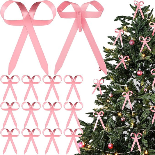 12 Pcs 2025 Metal Christmas Bow Ornaments for Christmas Tree Garland Wreath Bulk Bow with Clip Ornament Vintage Indoor Outdoor Home Xmas Party Decorations, 4 x 5 Inches (Pink)