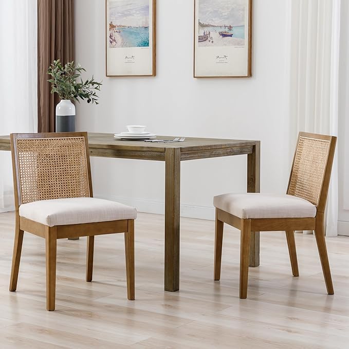 Farmhouse Rattan Dining Chairs Set of 2 Natural Wood Dining Room Chairs Rectangle Cane Country Kitchen Chairs Upholstered Dining Chair for Dining Room, Cream Linen