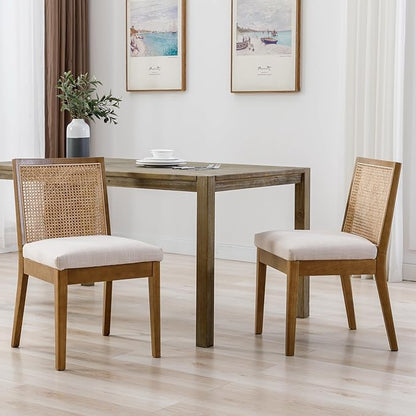 Farmhouse Rattan Dining Chairs Set of 2 Natural Wood Dining Room Chairs Rectangle Cane Country Kitchen Chairs Upholstered Dining Chair for Dining Room, Cream Linen