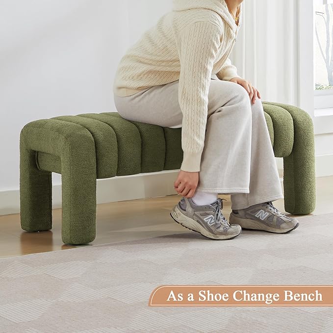 43’’ End of Bed Bench, Modern Boucle Entryway Bench, Upholstered Ottoman Stool with Full Coverage Fabrics, Ottoman for Bedroom, Living Room, Dining Room, Green