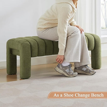 43’’ End of Bed Bench, Modern Boucle Entryway Bench, Upholstered Ottoman Stool with Full Coverage Fabrics, Ottoman for Bedroom, Living Room, Dining Room, Green