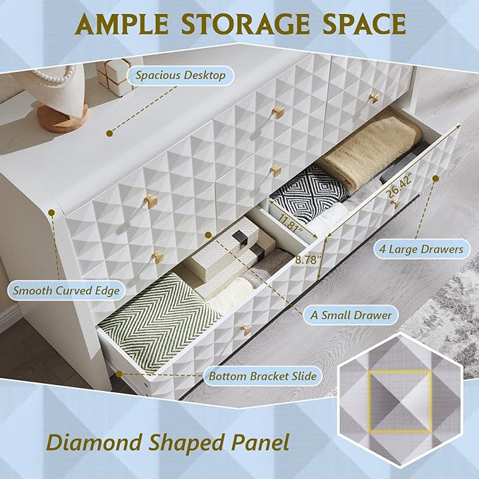 Modern 8 Drawer Dresser for Bedroom, Wooden Large Dressers &Chests of Drawers w/Two Different Drawer Sizes, Mid Century Modern Dresser w/Diamond Panel Decorate for Bedroom, Curved Profile Design,White