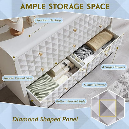 Modern 8 Drawer Dresser for Bedroom, Wooden Large Dressers &Chests of Drawers w/Two Different Drawer Sizes, Mid Century Modern Dresser w/Diamond Panel Decorate for Bedroom, Curved Profile Design,White