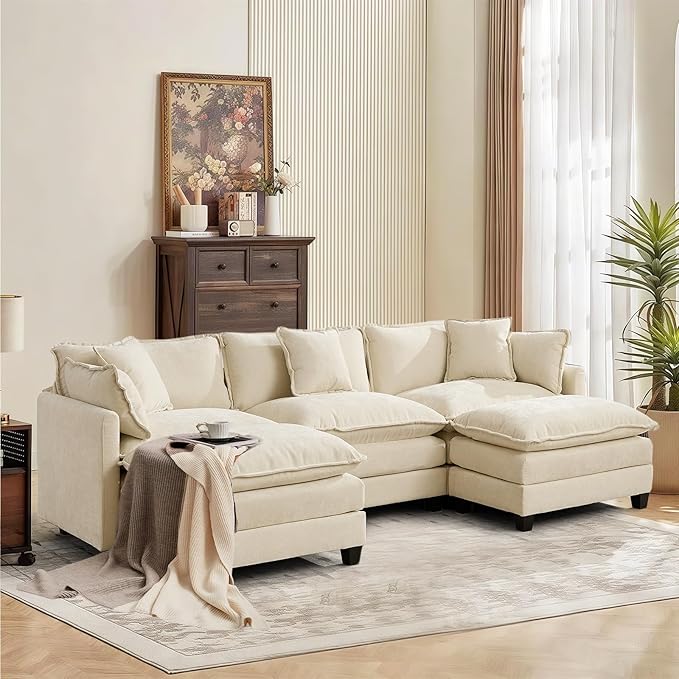 SoarFlash 107.4" Chenille Sectional Sofa, Comfy U Shaped Modular Coush Sofa with Ottoman, Modern 4 Seat Couch Deep Seat Sofa Set for Living Room,Beige