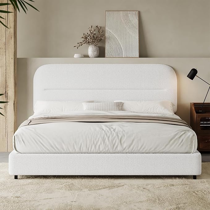 Full Size Bed Frame, Boucle Upholstered Bed Frame Full with Headboard and Thickened Footboard, Rounded Corners, No Box Spring Needed, Easy Assembly, White