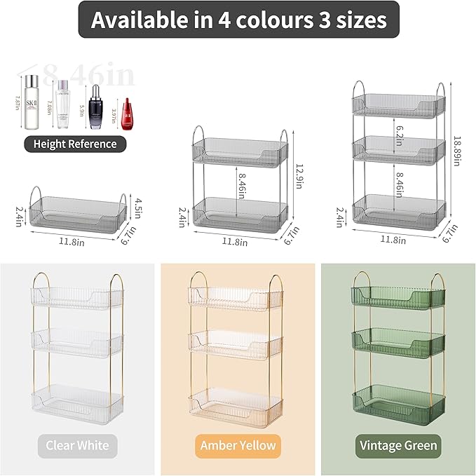 3 Tier Bathroom Organizer Countertop Makeup Perfume Skincare Organizer for Bathroom Dresser Vanity (Grey)