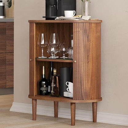 WERMO 28'' Bar Cabinet with Storage - Coffee and Wine Bar Buffet Cabinet with Sliding Doors and Adjustable Shelves. Sideboard Storage Cabinet, Dining Room Cabinet for Kitchen and Living Room (Walnut)