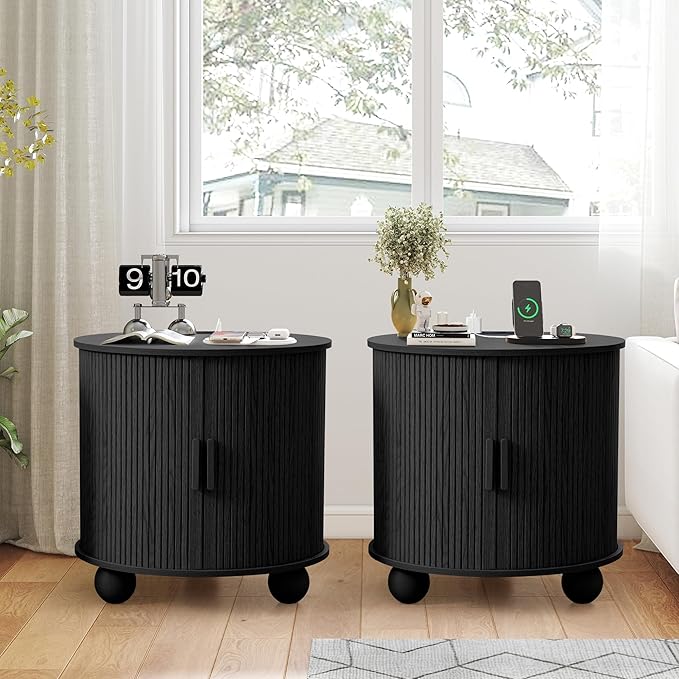 24" Fluted Round Nightstand Set of 2, Mid-Century Large Wooden End Table with Charging Station, Modern Storage Side Table with Sliding Door for Bedroom Living Room (2XRound, Black)