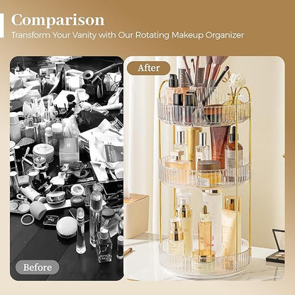 Aveniee 360° Rotating Makeup Organizer for Vanity, Perfume Skincare Bathroom Countertop Organizers, 3 Tier Spinning Skincare Storage with Brush Holder for Lipstick Cosmetic Lotion,White