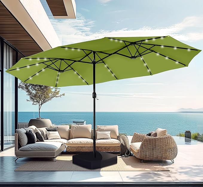 PHI VILLA 15 ft Patio Umbrella Outdoor Solar Lights with Base, Outdoor Double-Sided Large Market Rectangle Umbrellas with 36 LED Lights, Lime Green