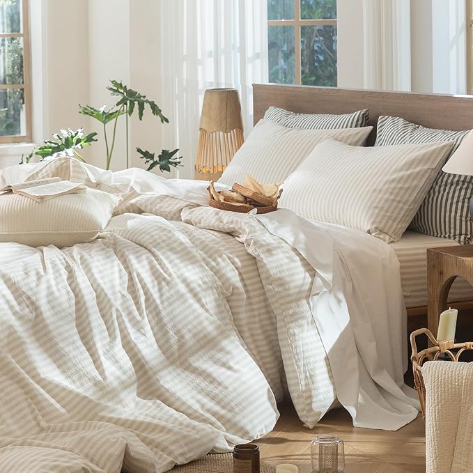 MooMee Striped Duvet Cover Set 100% Washed Cotton Linen Like Textured Breathable Durable Soft Comfy (Almond Milk Grey Classic Stripes, Oversized King Plus 128"x120")