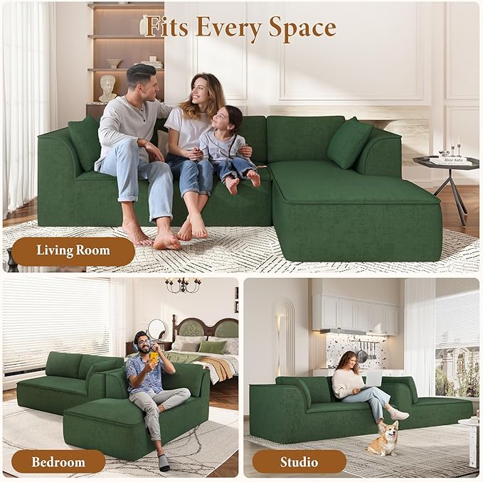 Vesgantti 106" Cloud Sectional Couch with Chaise, Deep Seat Modular Sectional Sofa Chenille Sofa Boneless Couches for Living Room Bedroom, No Assembly Required (Green, Right-Facing Chaise)