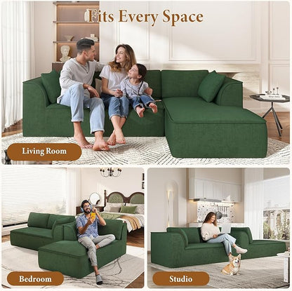 Vesgantti 106" Cloud Sectional Couch with Chaise, Deep Seat Modular Sectional Sofa Chenille Sofa Boneless Couches for Living Room Bedroom, No Assembly Required (Green, Right-Facing Chaise)