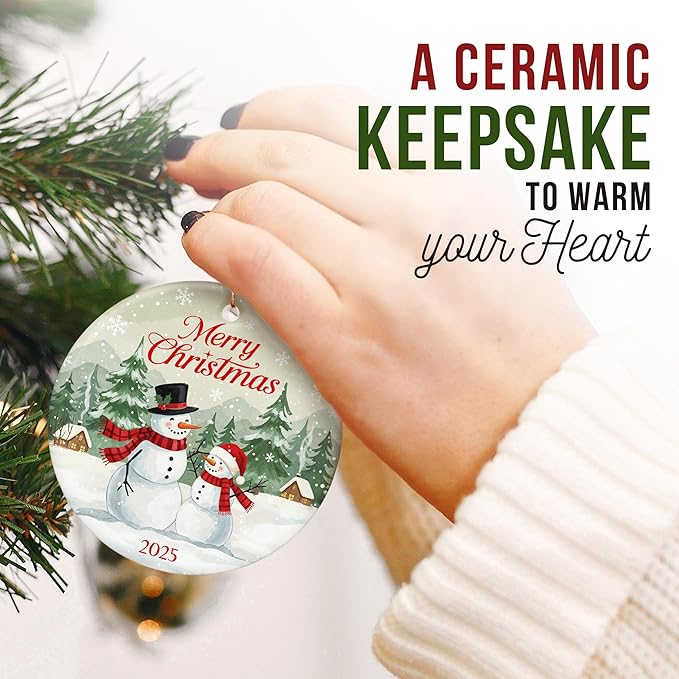 ZAGKOO Snowman Christmas Ornament 2025 - Merry Christmas Dated 2025 Ornaments for Tree, Beautiful Snowman Gifts for Family, Friends, Coworkers - Ceramic Hanging Ornament for Holiday Decoration