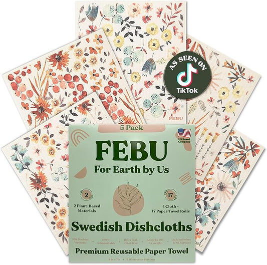 FEBU Swedish Dishcloths 5 Pack Watercolor Reusable Washable Kitchen Dish Towels Tabletop Decor Watercolor