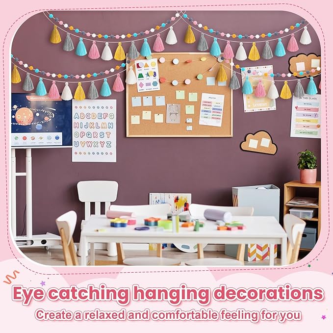 Syhood 4 Pcs Christmas Pom Pom Tassel Garland Felt Pompom Ball Banner Christmas Tassel Garland for Xmas Tree Hanging Decorations Party Supplies Home Decor(Soft Color)