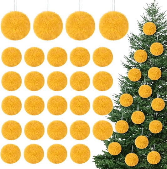 12Pcs Furry Christmas Ball Ornament for Xmas Tree Yellow Soft Faux Fur Pom Pom Ball Ornaments Christmas Tree Hanging Decorations for Winter Party Home Decor Costume Supplies