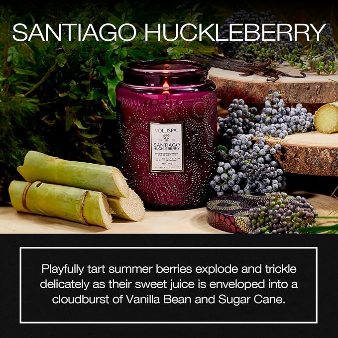 Voluspa Santiago Huckleberry, Large Candle Jar, 18 oz, 100 Hour Burn Time, Coconut Wax for Clean Burning, Handcrafted in the USA