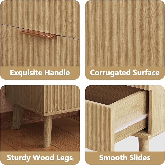 Fluted 3 Drawer Dressers, Modern Closet Dressers Chest of Drawers, Wood Storage Dresser Chest of Drawers Organizer for Bedroom Living Room Hallway Closet,Natural, 2 Sets