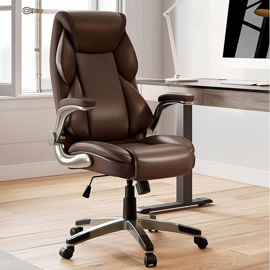 EUREKA ERGONOMIC Galene Executive Office Chair Flip Up Arm Rest, Ergonomic Desk Chair Faux Leather Computer Chair, High Back Office Chair with Headrest, Home Desk Chairs with Wheels, Brown