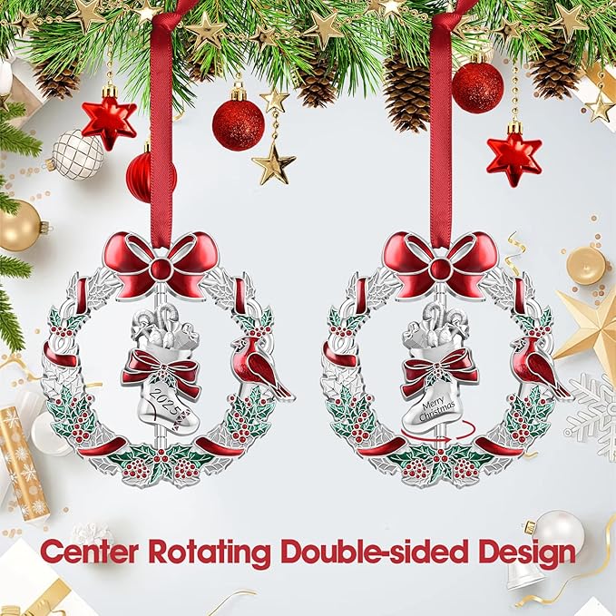 Christmas Dated Ornament 2025 for Xmas Tree Decorations, 2025 Christmas Wreath Ornament with Rotatable Stockings for Holiday Decorative Keepsake Gift